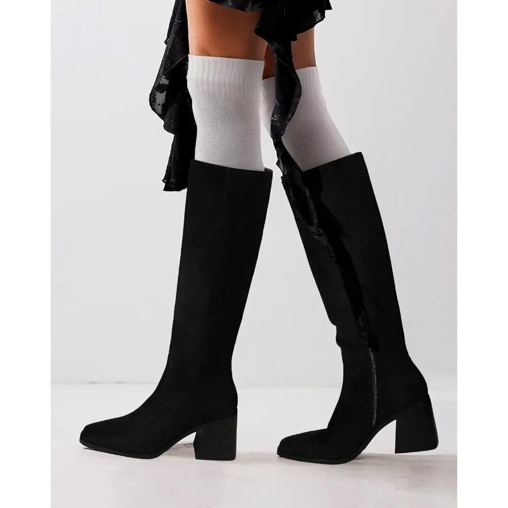 Women Black Polyurethane Knee High Square Toe Side Zipper Block Heel Tall Boots